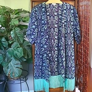LulaRoe Monroe Waterfall Colkar Fringe Hem Kimono   Size S